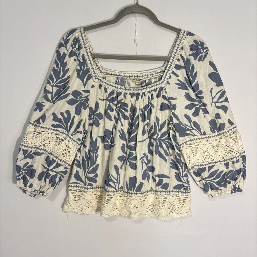 Christian Siriano Top Blue White Floral Bell Sleeve Linen Women M Boho Resort - Picture 2 of 13